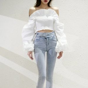 White Ruched Ruffle Long Sleeve Blouse